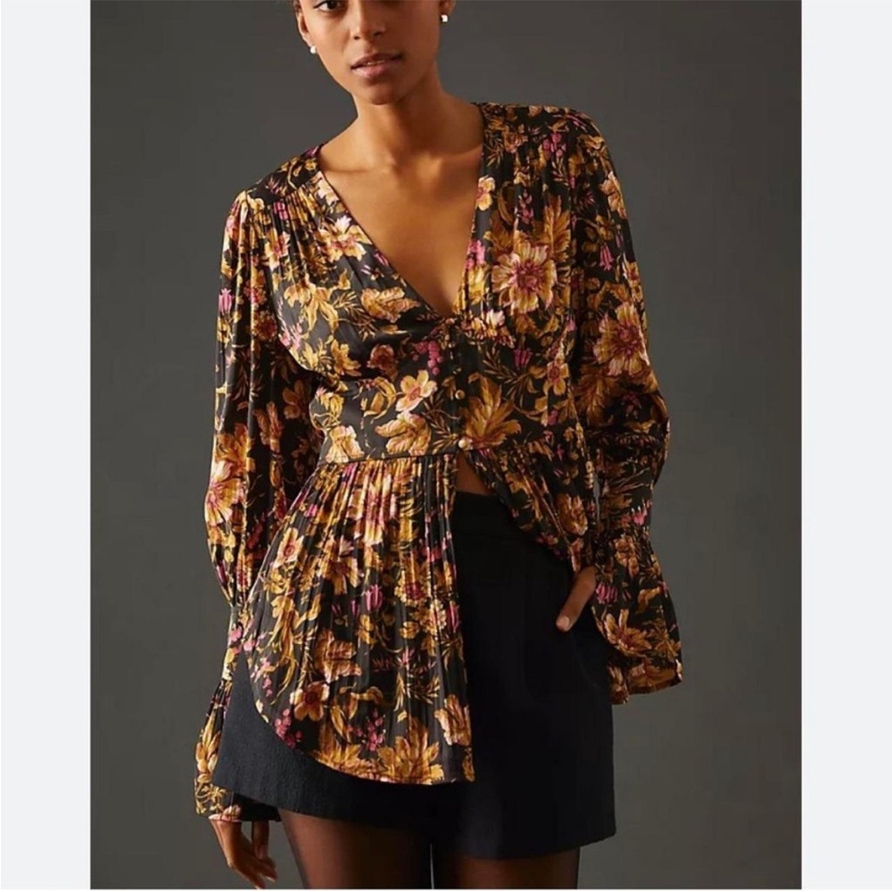 Anthropologie Black Floral V-Neck Pleated Peplum Blouse